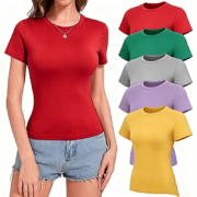 Solid Color Crew Neck Fitted Short Sleeve T-Shirt - Image 3